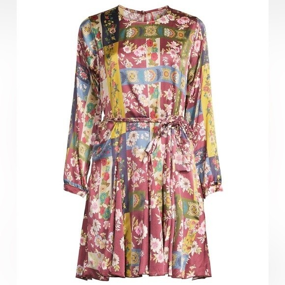 NWT Johnny Was Laurie Pippa Silk Patchwork Floral Burgundy Braid Belt Mini Dress - Picture 3 of 16